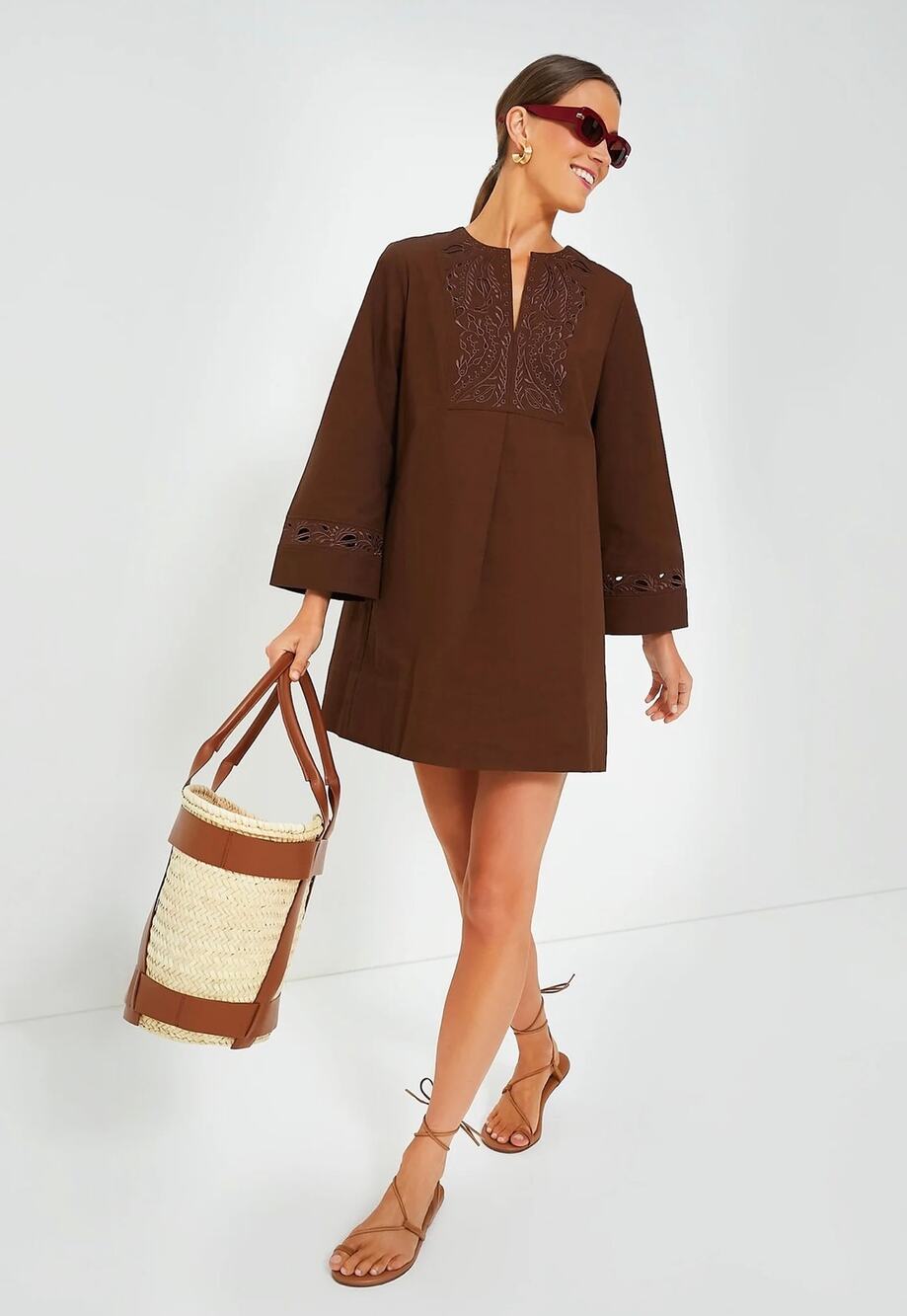 NEW Tuckernuck Brown Embroidered Tahlia Gown Mini Dress Size Small